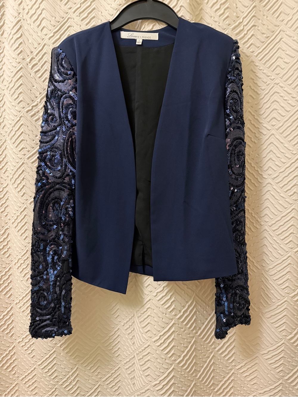 Lovers + Friends Navy Open Blazer with Sequin Embellished Sleeves